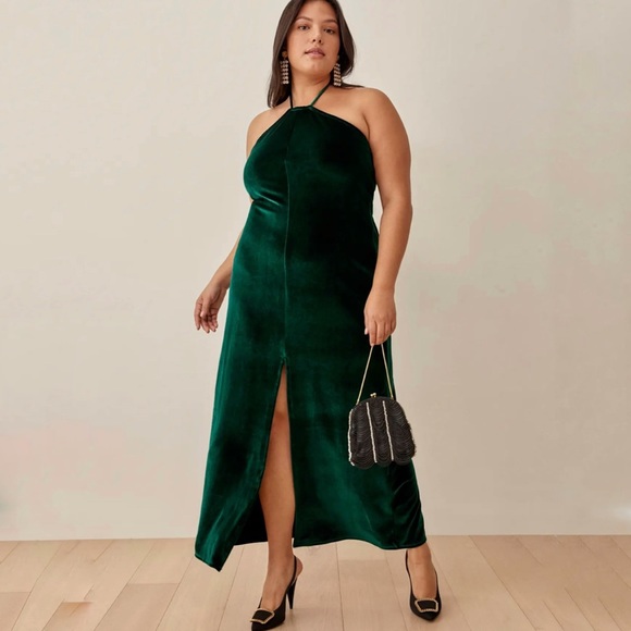 Reformation Dresses & Skirts - REFORMATION Green Velvet Front Slit Halter Plus Size Formal Prom Dress